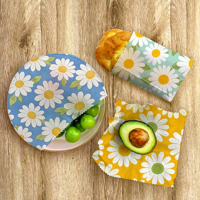 Reusable Beeswax Wraps, 9 Pack Eco-Friendly Food Storage, Organic, Sustainable, Zero Waste, Plastic-Free, Sandwich, Bread, Bowl Cover, 1XL, 3M, 5S, Blue Green Yellow Daisy Pattern