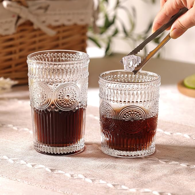 Vintage Drinking Glasses Set of 12, Textured Clear Striped Glass Cups-6 Highball Glasses 12oz & 6 Rocks Glasses 10oz, Mixed Glassware Set, Mojito Cups, Cocktail Glass, Iced Coffee Cup