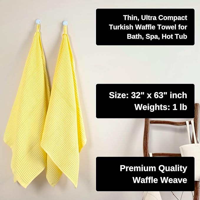 PÜSKÜL Pack of 2 Waffle Bath & Spa Towels - Premium 100% Turkish Organic Cotton - Quick Dry Thin Bath Towel for Bathroom - Made in Turkey (Light Yellow, 32x63 inch)