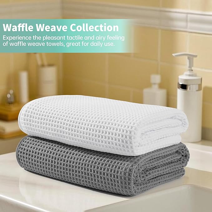 MICROFI New Microfiber Waffle Bath Towels, 2 Pieces, Oversized, Soft, Absorbent, Fast Drying, Lint Free 430 GSM (Gray+White)
