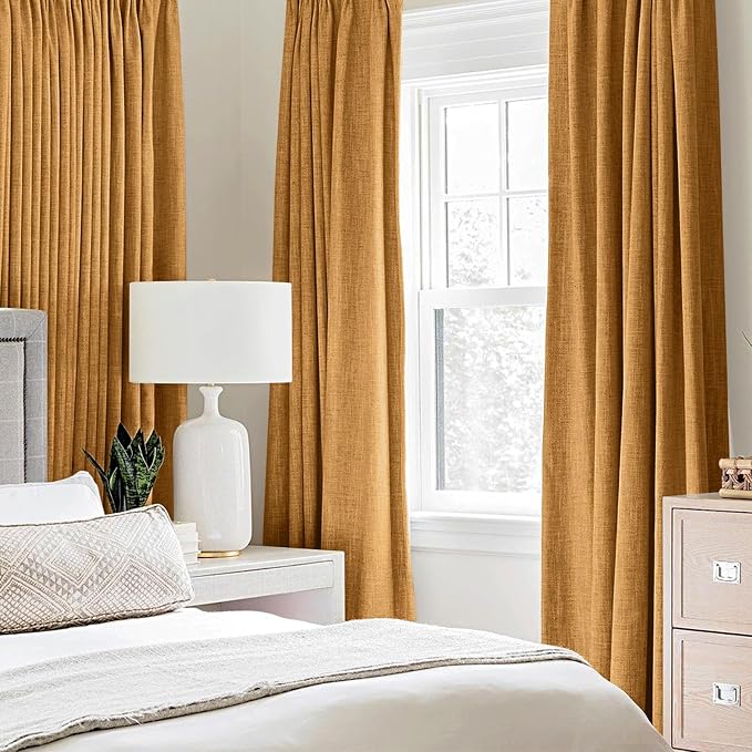 MIULEE 100% Blackout Linen Textured Curtains for Bedroom Solid Thermal Insulated Mustard Yellow Grommet Room Darkening Curtains & Drapes Luxury Decor for Living Room 52 x 72 Inch (2 Panels)