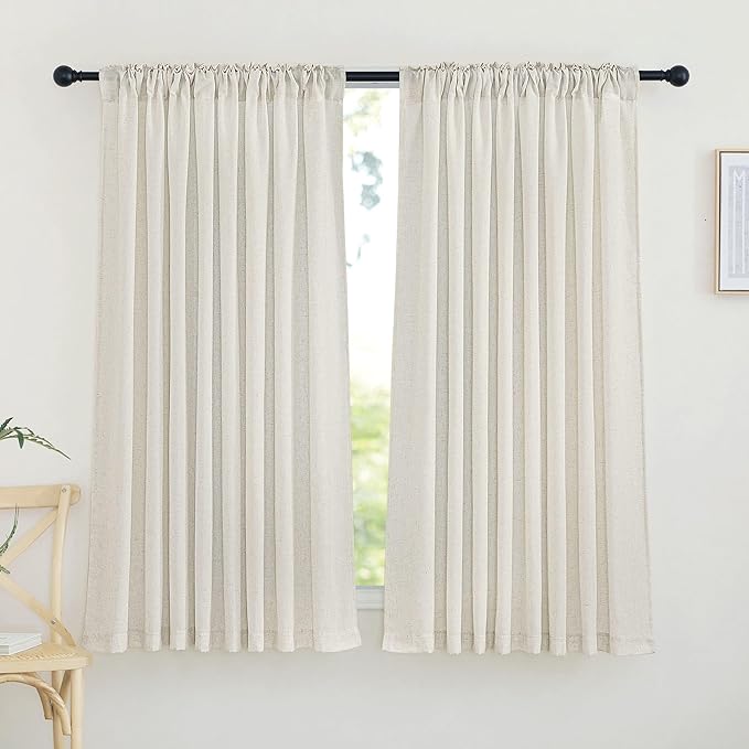 NICETOWN Natural Linen Bedroom Curtains & Drapes, Rustic Rod Pocket & Back Tab Semi Sheer Privacy Added Window Curtains Light Filtering for Kids Room/Nursery, 68" W x 63" L, 2 Panels