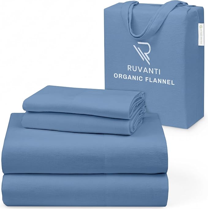RUVANTI Flannel Sheets King Size - GOTS Certified 100% Organic Cotton, 4 Piece Warm, Soft & Breathable Set, Deep Pocket Snug Fit, Double Brushed Cozy All Season Bedding, Denim Blue