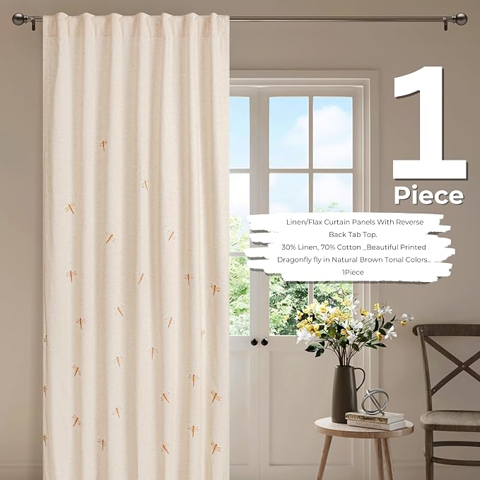 Bedding Craft Flax Linen Curtain Drape 50x108 Inch – Dragonfly Embroidery Drape, Natural Flax Room Darkening Panels, Taupe Curtains for Living Room, Bedroom, Modern Window Decor