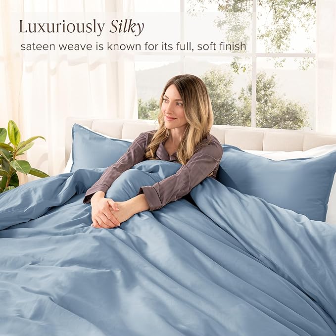 Bare Home 100% Organic Cotton Sateen Duvet Cover Set - 400 Thread Count - Smooth Sateen Weave - Warm & Luxurious - Duvet Cover (King/Cal King, Dusty Blue)