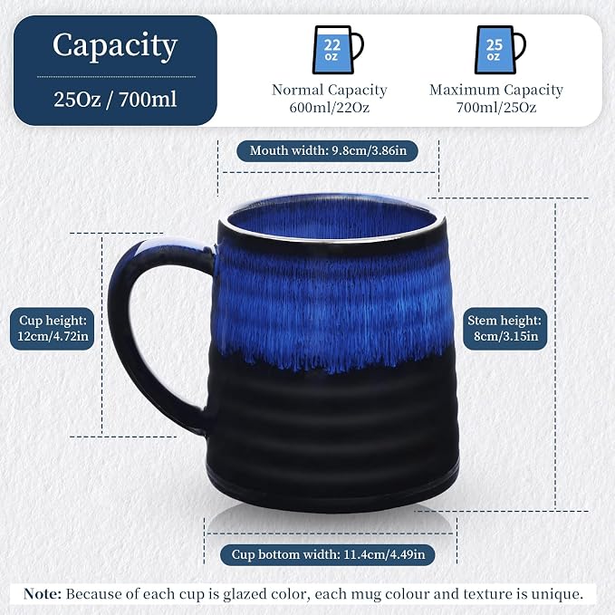 25 Oz Extra Large Ceramic Coffee Mug with Big Handle, 700ml Oversized Tea Cup for Office and Home, Hot and Cold Drinking, Microwave and Dishwasher Safe, Handmade Glazed Texture (Starry Blue)