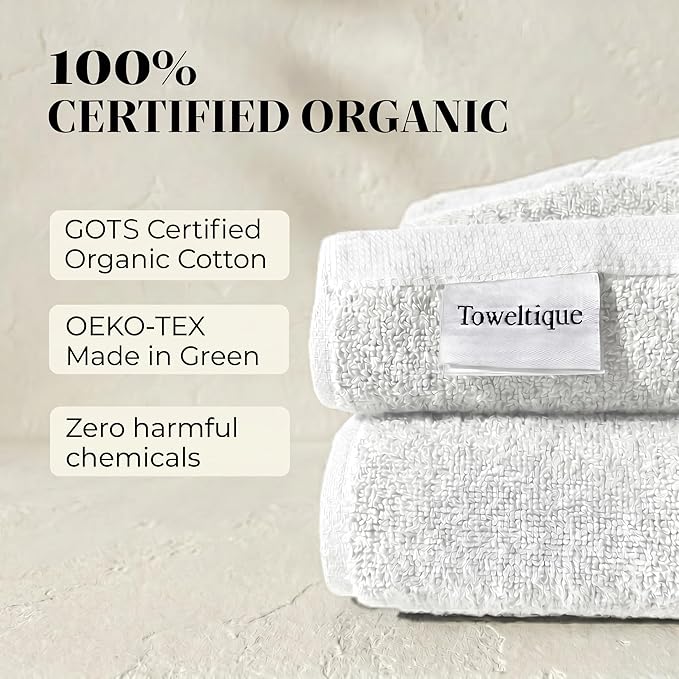 TOWELTIQUE- Organic Cotton Luxury Bath Towels Pack of 4 GOTS & Oeko- TEX Certified | Premium Soft, Absorbent & Quick-Drying Towels for Bathroom, Gym, Spa & Hotel Use – Light Gray