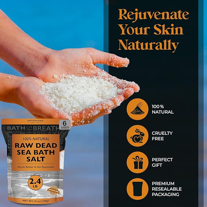 Aromasong Raw Dead Sea Bath Salt - Minimally Cleaned, Contains More Dead Sea Minerals Including Dead Sea Mud - 100% Pure & Natural Dead Sea Salts for Soaking 2.4 LB - Bulk Resealable Pack