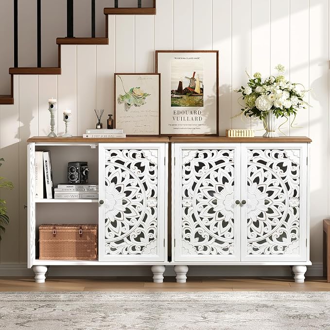 JOINICE White Accent Cabinet with Walnut Finish Top, 31" Farmhouse Storage Cabinet with Carved Doors for Living Room, Sideboard Buffet for Dining Room, Solid Wood Legs