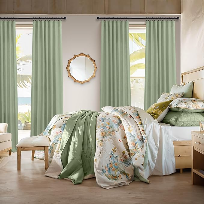Light Sage Green Linen Curtains 120 Inches Long for Living Room 2 Panels Set Rod Pocket Back Tab Semi Sheer Light Filtering Sage Green Curtains and Drapes for Large Windows Patio Door Vertical 10FT