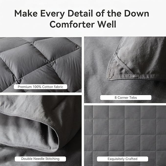 L LOVSOUL Goose Feather Down Fiber Comforter King Size, 100% Organic Cotton Fabric Duvet Insert,1200TC,750+Fill Power, Hotel Collection, Light Weight Grey Bedding Comforters with 8 Tabs