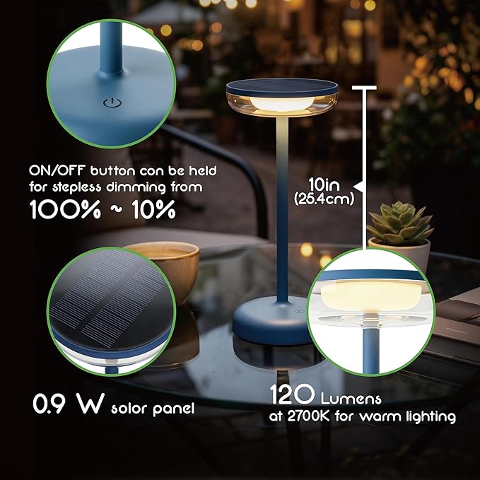 Cocktail Style Solar Table Lamp - Cordless LED Light with USB-C Charging, Dimmable Warm 2700K Glow, Weather Resistant for Indoor/Outdoor Use - Blue, 1 Pack