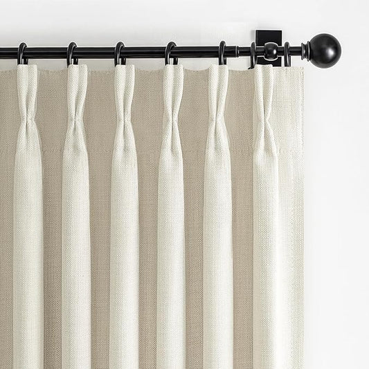 Pinch Pleated Cream Blackout Curtains 84 Inches Long for Bedroom 2 Panels Set, Modern Heavy Linen Thermal Noise Canceling Viral Drapes Ceiling Track Curtain for Living Room 84 Inch Length Sand Beige