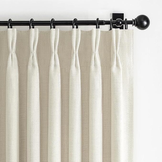 Extra Long 112 Inch Long Natural Linen Blackout Tall Curtains for Classroom 2 Panels Set, Cream Colored Memory Shape Pinch Pleated Insulated Noise Reducing Neutral Viral Windows Drapes with Back Tab