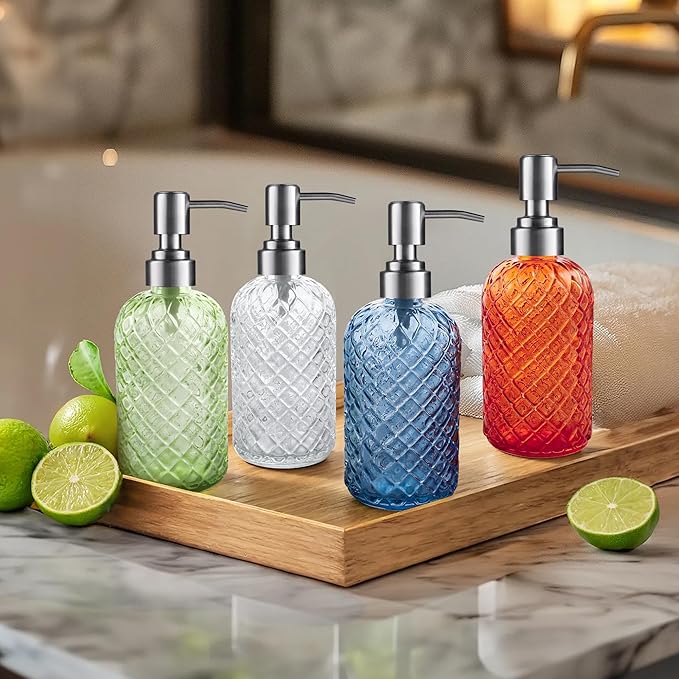 14 Oz Refillable Glass Soap Dispenser with Rust Proof Stainless Steel Pump, for Dispense Hand soap, Body wash, Lotion 2pack (Orange)