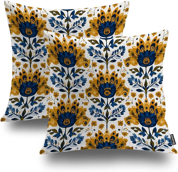 Shrahala Folk Art Floral Motifs Decorative Throw Pillow Cover, Blue Yellow Floral Pattern Square Pillowcase Blended Double-Sided No Inserts for Bedroom Living Room Set of 2 (20 x 20 in)