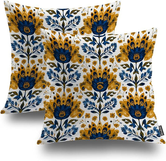Shrahala Folk Art Floral Motifs Decorative Throw Pillow Cover, Blue Yellow Floral Pattern Square Pillowcase Blended Double-Sided No Inserts for Bedroom Living Room Set of 2 (20 x 20 in)