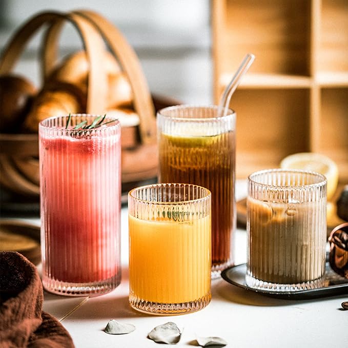 Drinking Glasses with Origami Style Set of 4 Glass Cups, 12 oz Ribbed Glassware, Highball Glass Cups, Elegant Art Deco Ripple Vintage Glassware, Juice Glasses, Ideal for Cocktail, Beer