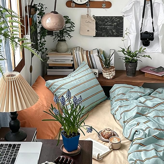 mixinni Retro Mint Blue Striped Duvet Cover Set - 100% Natural Cotton 3-Piece Vintage Stripes Pattern Printed Bedding Set, Soft Breathable Comforter Cover with Zipper Closure & Corner Ties, Queen Size