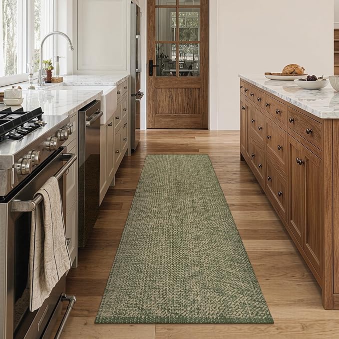 LEEVAN Washable Kitchen Runner Rug 2'x6', Cotton Woven Entryway Rug Reversible Hallway Runners, Modern Bathroom Rugs Farmhouse Kitchen Mat, Long Carpet for Nursery Foyer(Green&Natural)