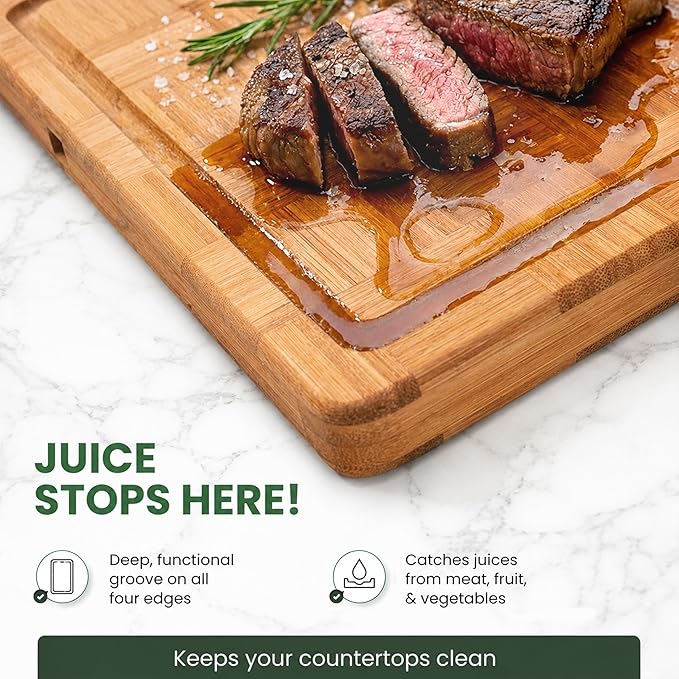 LAIFsolutions Wood Cutting Boards for Kitchen with Juice Groove, Eco-Friendly Wooden Bamboo Chopping board, Food-Safe, Non Plastic Tabla Para, Carbonized Butcher Block for Meat, Veggies Fruits, Small