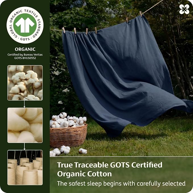 Bedsure GOTS Organic Cotton Queen Duvet Cover Set, Navy Blue, 90" x 90" | for Sensitive Skin—8 Interior Ties Keep Insert Secure, Hidden Zipper, Breathable Comfort in Ivory with 2 Pillow Shams