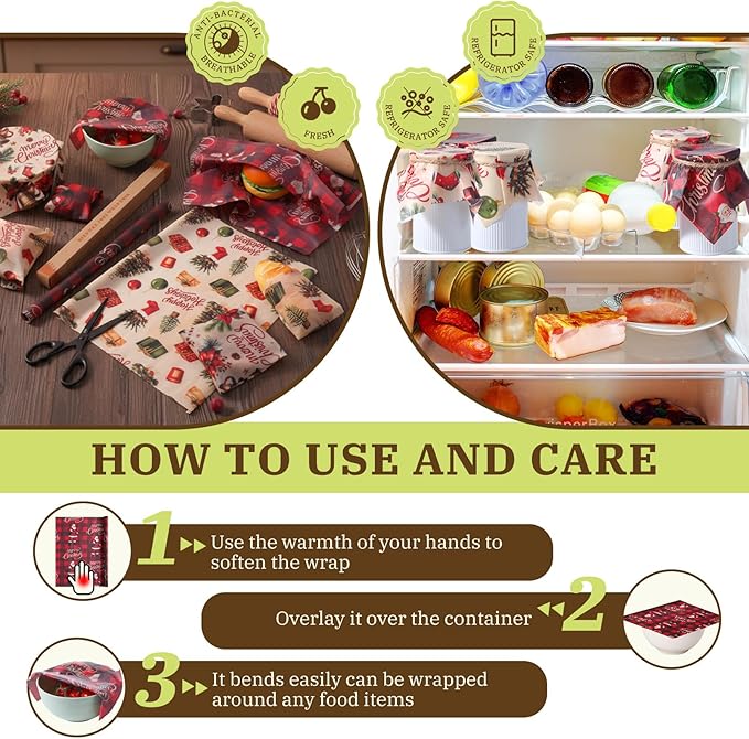 3 Rolls Reusable Beeswax Wraps for Food 13 x 40 Inches Bees Wax Wraps Reusable Food Storage Wrap Beeswax Paper Roll for Bread Sandwich Cheese Fruit Snacks(Santa)