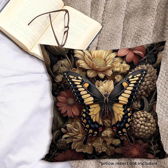 Moody Butterfly Floral Throw Pillow Cover Gifts 18x18, Vintage Dark Cottagecore Academia Decor Pillow Cases for Bedroom Living Room, Cottage Core Decorative Pillowcases for Couch Bed Sofa