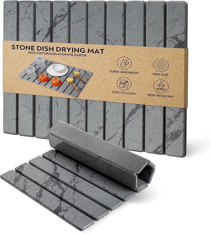 Large Stone Dish Drying Mat for Kitchen Counter ,Fast Drying Non-Slip Collapsible Dish Drying Mat ,Eco-Friendly Super Absorbent Diatomaceous Earth Mats for Dishes Bottles Cups Bathroom,24"(L)×16 (W)