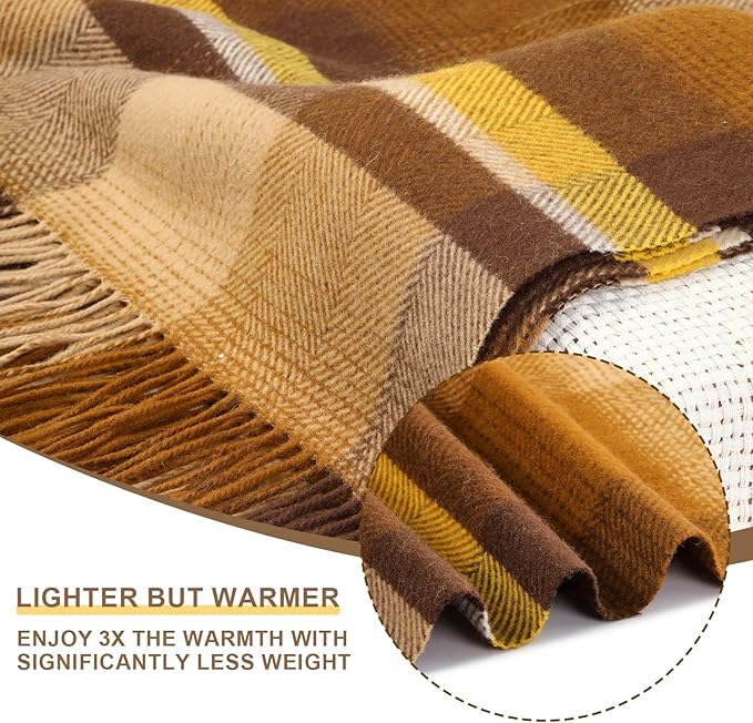 100% Wool Blanket Throw,Brown Plaid Wool Blanket with Compact Bag,Rustic Soft Lightweight Blanket for Couch,Sofa,Bed & Lounging Decoration, Warm Travel Blanket for Home, Airplane,Ideal Gifts 55"x83"