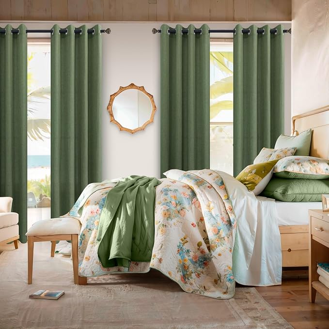 Olive Green Boho Curtains 84 Inch Length for Living Room 2 Panels Set Grommet Aesthetic Neutral Linen Cotton Drape Semi Sheer Lightweight Army Moss Loden Green Curtain for Bedroom Dining 52x84 Long