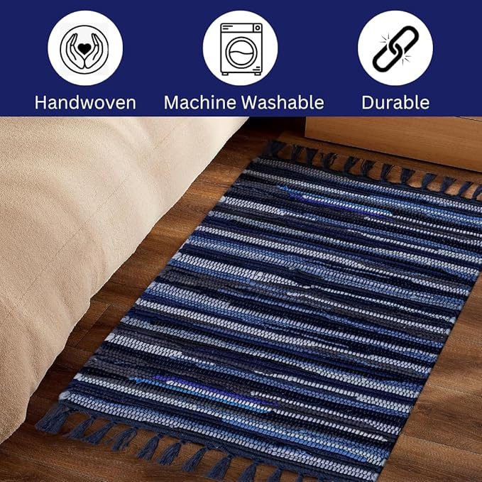 Cotton Chindi Rug - Boho Rustic Area Accent Throw Rug - Area Floor Carpet for Bedroom Living Room Kitchen Dorm Entryway Hallway - 20x32 inch Hand Woven Reversible Area Rug Blue Multi