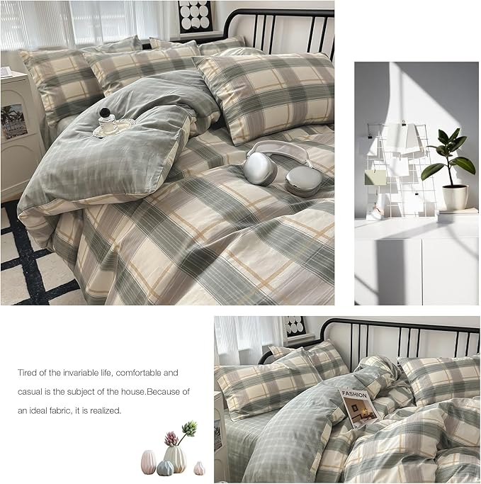 mixinni Green Grid Duvet Cover Set Twin - Vintage Buffalo Plaid Bedding Set-Green &Yellow&Beige, Soft Cotton Geometric Checkered Bedding Set with 2 Pillowcases for Boys, Girls, Teens