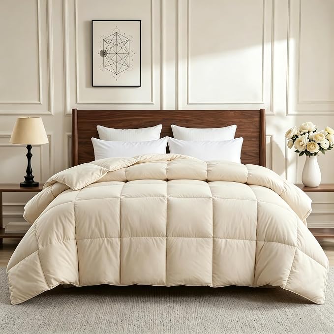 UNIKOME Goose Feather Down Fiber Comforter, Lightweight Duvet Insert Queen Size Bed Comforter with Soft Downproof Cover, Cloud-Like Fluffiness (Beige, 90"x90")
