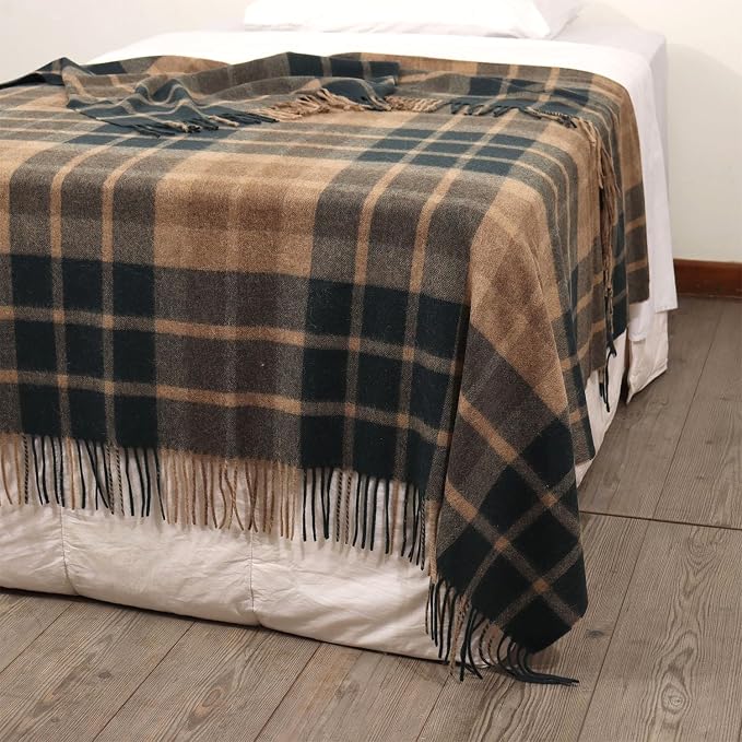 Superfine Alpaca Wool Throw Blanket - Lightweight Alpaca Merino Wool Throw Blankets | Soft Peruvian Alpaca Blanket Wool Blanket Scottish Design 70" x 60" (Dark Forest Green/Camel/Beige)