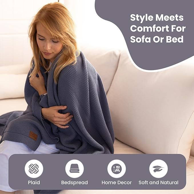Dalisa 100% Organic Turkish Cotton Throw Blanket - GOTS Certified, Cozy - Perfect for Couch, Bed, and Home Decor - Boho Vintage Knit Alina (Grey Blue, 50x60)