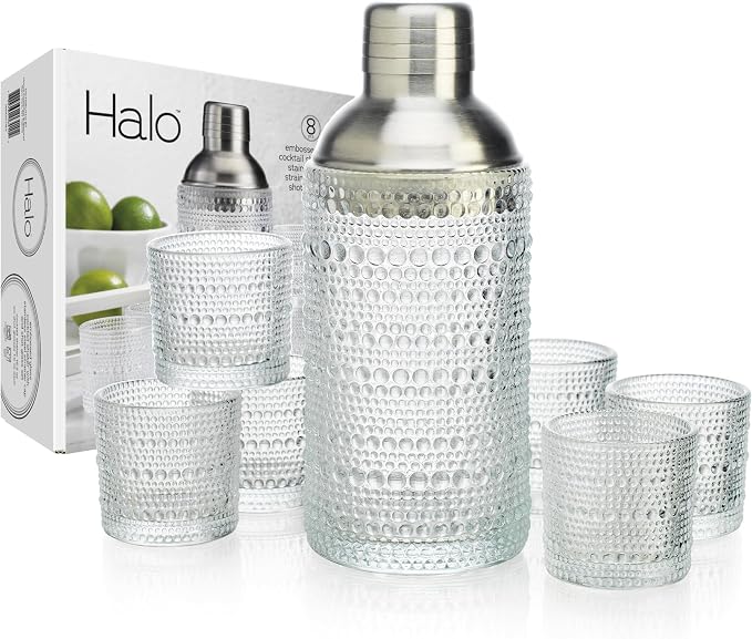 Glaver's Cocktail Shaker Set, Glass 15.2 oz Shaker, 6 Hobnail Shot Glasses, Stainless Steel Strainer Cap,Glass Shaker Set for Bars. Dishwasher Safe