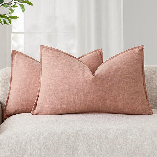 Foindtower Pack of 2, Decorative Linen Soild Throw Pillow Covers Accent Lumbar Cushion Case Boho Farmhouse Pillowcase for Chair Couch Sofa Bedroom Living Room Home Decor 12 x 20 Inch Coral Pink