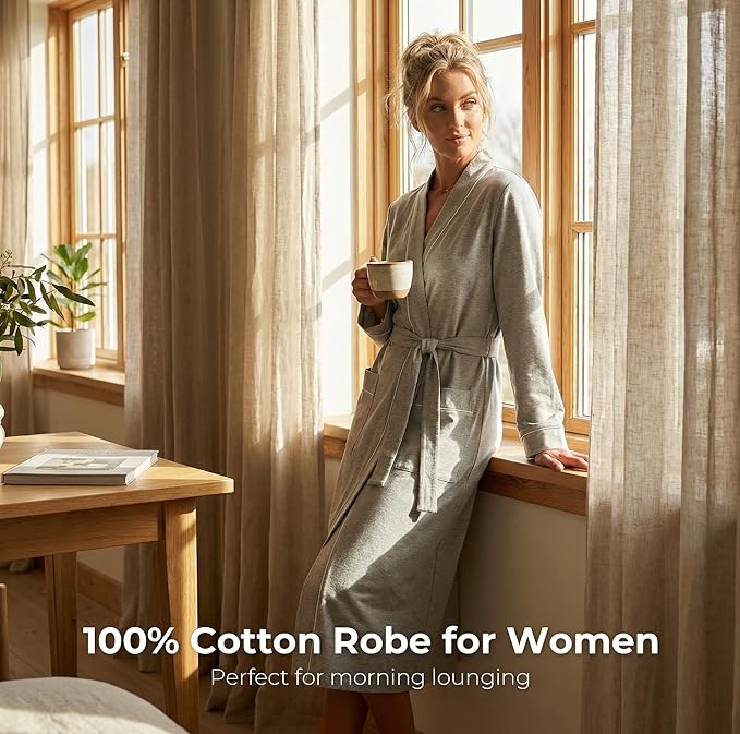 U2SKIIN Womens Organic Cotton Robe, Lightweight Long Kimono Bathrobe for Women, Soft Spa Lounge Sleepwear with Pockets