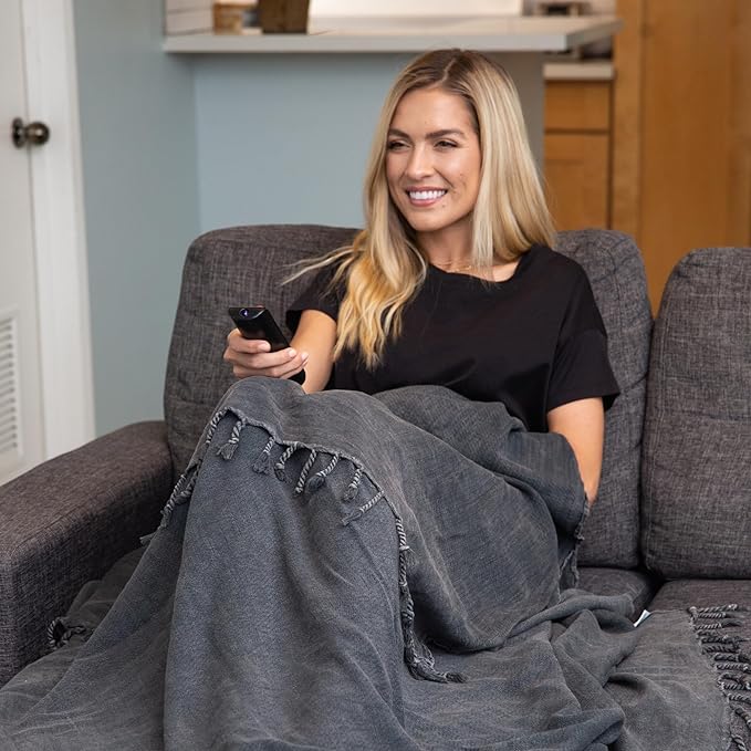 Stonewashed Turkish Throw Blanket - 100% Organic Cotton - 80" x 48" - Soft, Lightweight, Cozy - for Couch, Sofa, Picnic, Yoga - Charcoal Grey