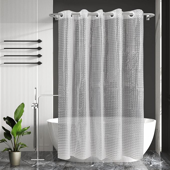 No Hook Shower Curtain or Liner - 8G Heavy Duty Grid Bathroom Shower Curtain No Hooks Required, Waterproof Plastic & PVC Free, Standard Size 71 x 74, Square