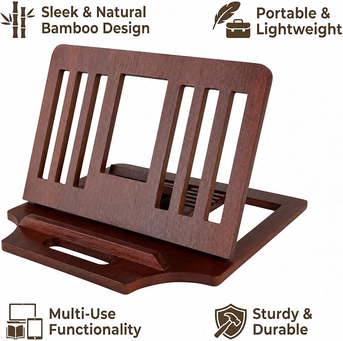 Bamboo Foldable Laptop Stand Holder, 6-Level Adjustable Ergonomic Notebook Riser with Heat Dissipation for 10-17 Inch Laptops, MacBook, Tablet (Dark Brown)