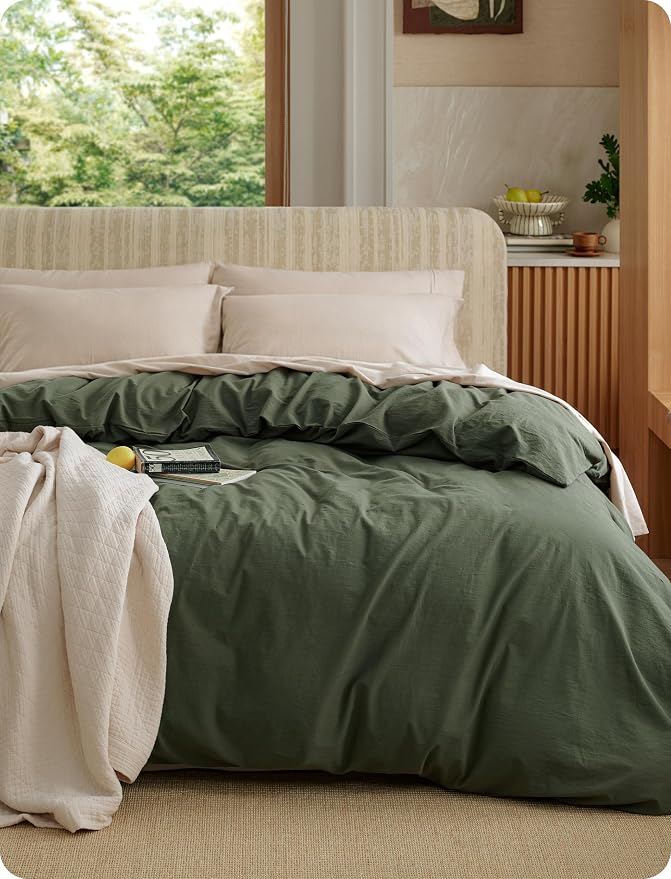 Bedsure Duvet Cover Queen Size - 100% Washed Cotton, Linen-Like Minimalist Bedding - PureWoven Plain Soft Comforter Cover for All Seasons, 1 Duvet Cover Only (Olive Green, 90" x 90")