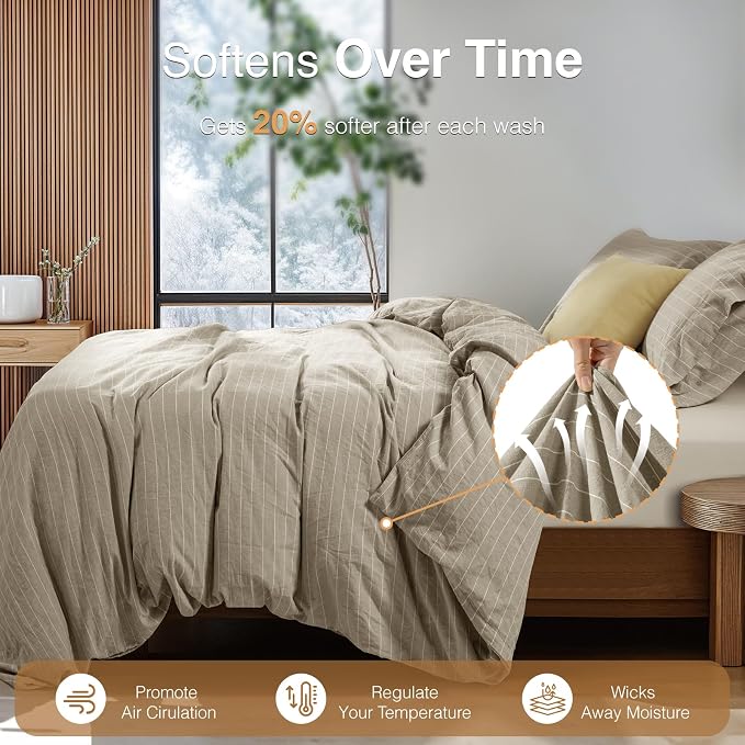 SONORO KATE 100% French Linen Duvet Cover Queen Size, Soft Breathable for Hot Sleepers, Moisture Wicking & Durable Cover Set - Zipper Closure & 4 Corner Ties Duvet Covers 3 PC (Linen & White Stripes)