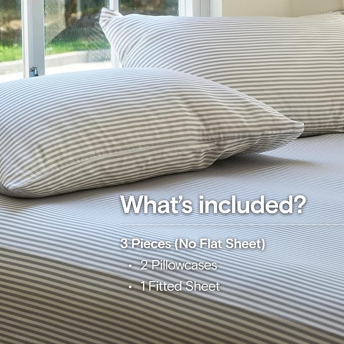 DOZ Sheet Set, 100% Viscose derived from Bamboo, Organically Grown, Buttery Soft, Cooling Sheets, High GSM, Deep Pockets - 3 Piece - 2 Pillowcases 1 Fitted Sheet (Stripe, Full)