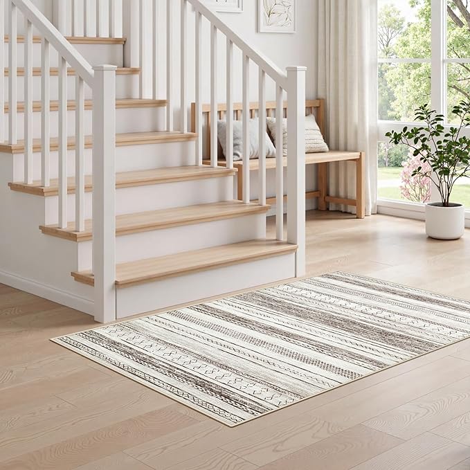 Tortania Area Rug Living Room Rugs - 2x3 Washable Soft Neutral Boho Moroccan Farmhouse Mat Indoor Floor Carpet for Bedroom Under Dining Table Home Office Decor - Cream Brown