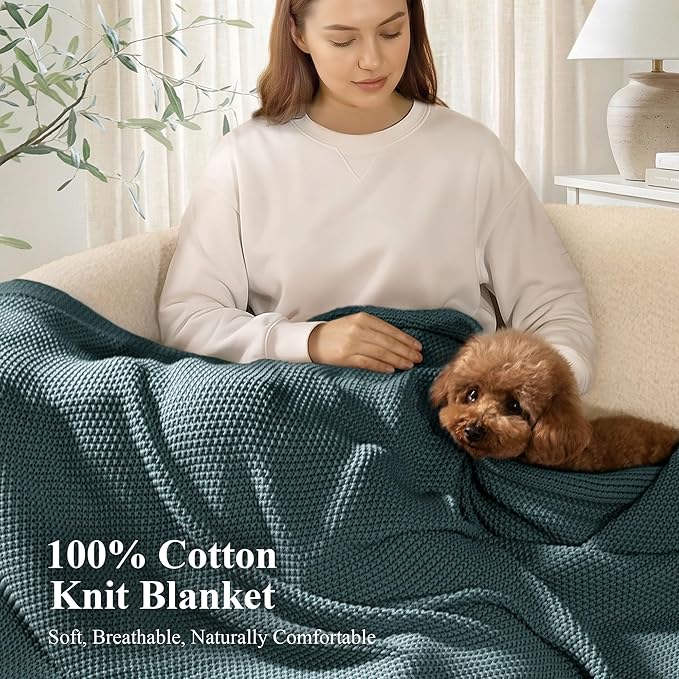 100% Cotton Cable Knit Throw Blanket, Large Lightweight Soft Knit Blanket for Sofa Couch Bed, Breathable All-Season Throw, Cozy Decorative Blanket, 60 x 80 Inch,Teal