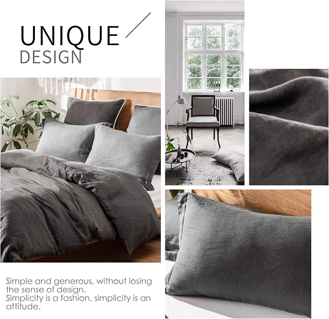 Simple&Opulence 100% Linen Duvet Cover Set 2pcs Basic Style Natural French Washed Flax Solid Color Soft Breathable Farmhouse Bedding with Button Closure - Dark Grey, Twin