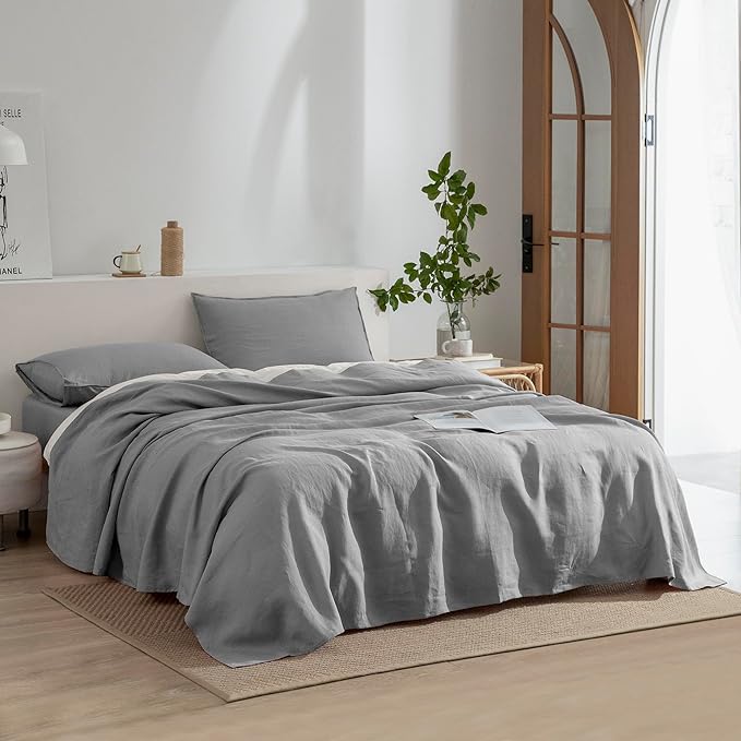 EVERLY Linen Sheets Set Full Size,100% French Stonewash Pure Linen Bed Sheets,4Pieces (1Flat Sheet,1Fitted Sheet,2Pillowcase) Suitable for Hot Sleepers,Deep Pocket Natural Bedding Set-Light Grey