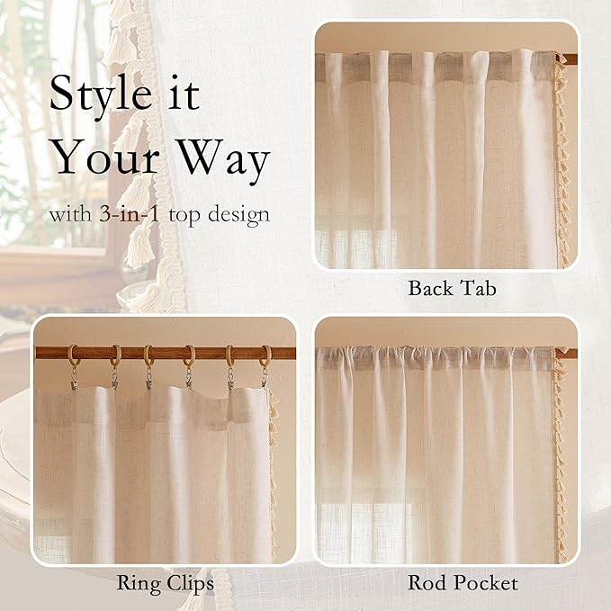 MYSKY HOME 90 Inch Boho Cream Semi Sheer Curtains Light Filtering Back Tab Drapes for Living Room Sliding Door & Patio Privacy Protect Farmhouse Country Decor, 50" W×90" L, Natural, 2 Panels